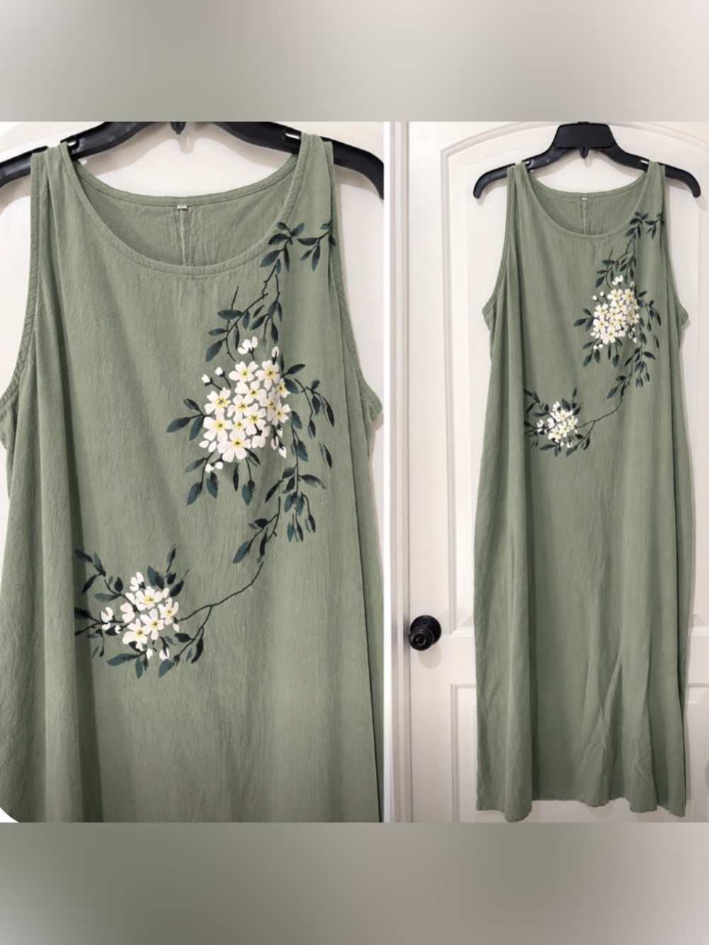 Sleeveless Olive Green Floral Tank Dress